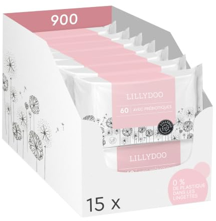 LILLYDOO Feuchttücher mit Präbiotika, 900 Stück (15 x 60) | zur Stärkung der natürlichen Hautbarriere, 100% plastikfreies Tuch - sanft & ohne Parfüme, Dermatologisch getestet