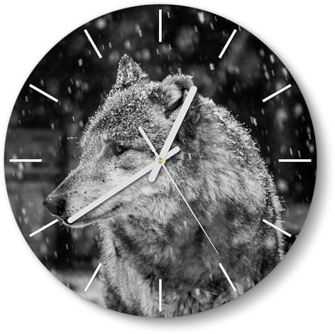 DEQORI Glasuhr | rund Ø 30 cm | Motiv Winterwächter | ausgefallene leise Design Uhr aus Glas | Wanduhr für Wohnzimmer & Küche | moderne Hingucker Uhr für die Wand