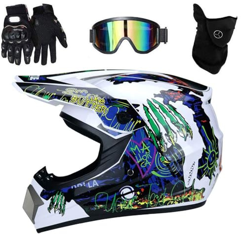 Gioventù Bambini Casco da Motocross, con Occhiali Guanti Maschera, Doppio Sport Integrale Fuori Strada Moto Incidente Casco, Discesa BMX MTB ATV Enduro Corse Quad Bici da Cross Casco(NN,S/52-53CM)