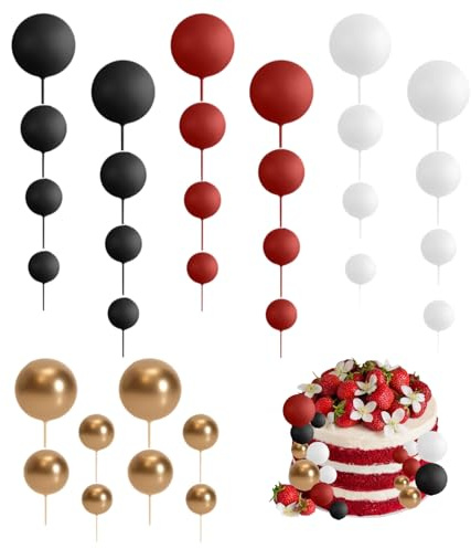 Satiskid 32-Piece Foam Ball Cake Topper, Black, Red & Gold, Mini Balloon Cake Decoration, Wedding & Birthday Party