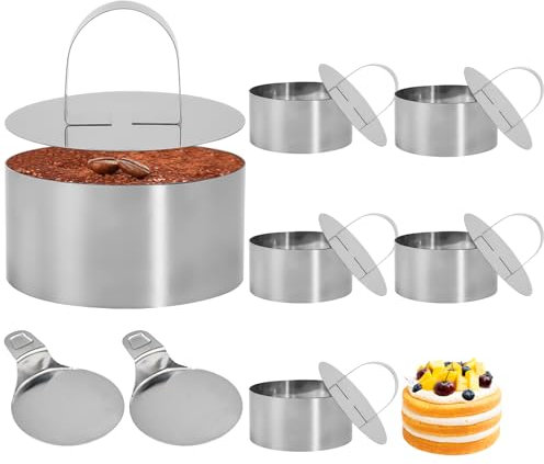 WEFHEF 6PCS Anillos para Pasteles Ø 8 cm, Moldes Tartaletas de Acero Inoxidable, Molde para Pastel de Mousse en Forma de Anillo con Tapas y 2 Palas de Desmoldeo para Tartas Pasteles Muffin