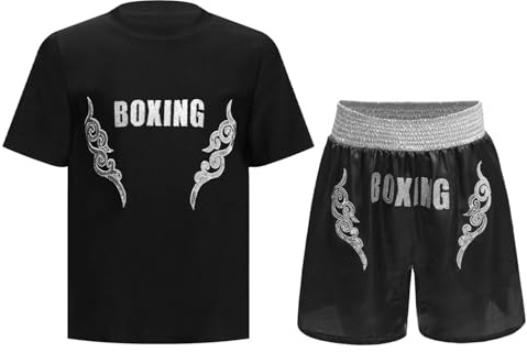 TSSOE Ensemble Boxe Thai Enfant Garçon Short de Boxe T-shirt Kick Boxing Costume Entraînement Combat Muay Thai MMA Noir argent 13-14 ans