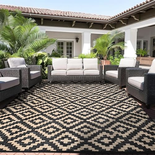 Alishomtll Outdoor Teppich 180x275cm Wetterfest Wasserdicht Schwarz Braun | PP Kunststoff Terrasse Teppich, Garten Balkon Wendbar UV beständige Outdoor Carpet, Außenteppich Camping für BBQ Picknick