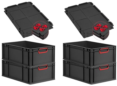 PROREGAL SuperSparSet 4x Eurobox NextGen Color mit Auflagedeckel & Schiebeschnappverschlüsse, HxBxT 22x40x60cm, 44L, Schwarz, Griffe rot geschlossen,Eurobehälter, Transportbox, Transportbehälter
