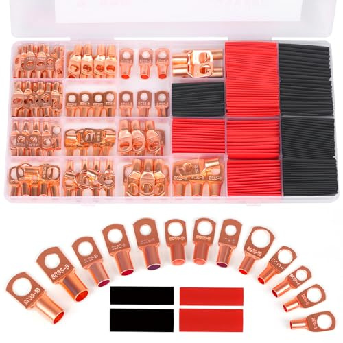 Copper Wire Lugs,Terminal Connectors,Used on AWG12 10 8 6 4 2 Cable,Heat Shrink Set,Bare Copper Eyelets,Ring Terminals Connectors,85Pcs Battery Cable Lugs Ends and 110Pcs Heat Shrink Tubing (195PCS)