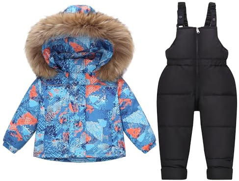Coedody Toddler Boy Snowsuit Winter Snow Suit for Kids Artificial Fur Hooded Jacket Coat & Ski Snow Bibs Pants 2T 3T