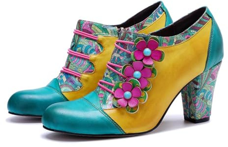 Damen Leder-Pumps, bunte Vintage-Schuhe mit Blockabsatz, Oxford-Stoff, Vintage-Stil, rutschfeste Pumps, Kleiderschuhe, Winterstiefel, handgefertigte Schnürstiefel für Hochzeit, Party, Blau, 7.5