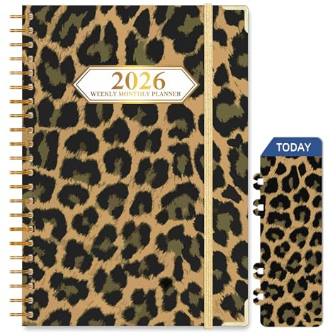 Knagsfa 2026 Planner, Jan.2026 - Dec.2026 Planner Weekly and Monthly 6.25x8.5 with with Page Tabs, Calendar Hardcover with Inner Pocket, Elastic Band, Twin-Wire Binding, Bookmark, Brown Leopard