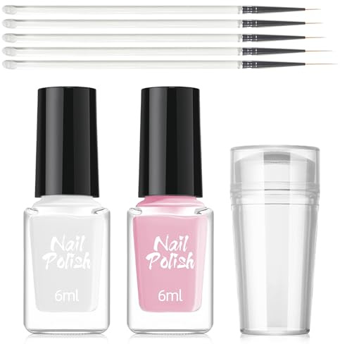 French Nagellack Set - 8-Teiliges Schnell Trocknend & Langanhaltend Rosa & Weiß Gel Nagellack mit Nagelstempel & Nagel Pinsel, Wasserbasis Gel Nägel für Nail Art DIY, Kein UV-Lampe