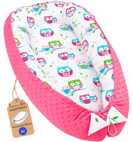 Leanbe Babynest 90x50 cm – Babynestchen für Neugeborene, Nestchen Baby aus Baumwolle & Polyester, Bettnestchen für Winter/Herbst, Baby Nest Set für Indoor & Outdoor (MINKY ROSA - EULEN)