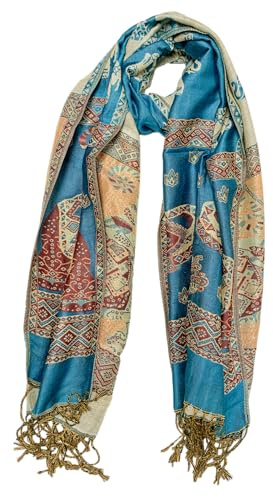 My Family House Mutlicoloured Elephant Scarf Shawl Wrap Festival Handmade in Thailand Oversized Soft Cashmere Colourful Multicoloured Ombre (Turquoise and Gold)