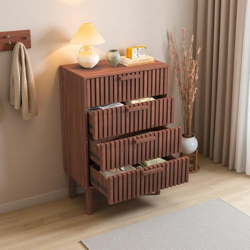 Yeutre Cajonera de 4 cajones, Cómoda de Dormitorio 60 cm de Ancho, Mueble de Almacenamiento con Efecto de Madera Marrón, para Salón, Dormitorio, Oficina (Madera Marrón-4 Cajones, 60l x 34P x 91H cm)