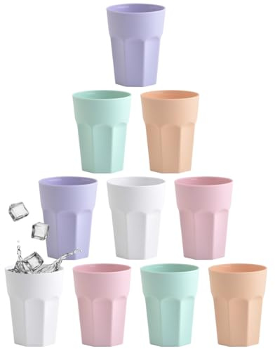 Engelland - 10 x Plastikbecher, Trinkbecher, Bunt, Farbmix, Pastellfarben, 250 ml, mit Eichstrich, bruchfest, stapelbar, Mehrweg, Kunststoff, BPA-frei, wiederverwendbar, Party-Becher, Trink-Glas