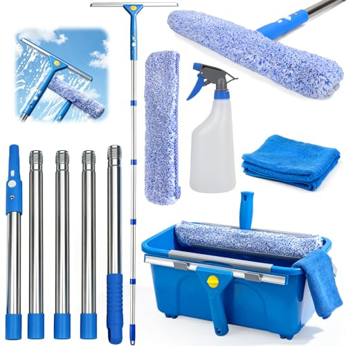 Fönsterrengöringsset med stor hink och 2 m teleskopstång, komplett kit med silikon fönsterskrapa fönstertorkare sprayflaska trasa, randfri rengöring för höga fönster glas badrum spegel bil