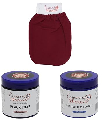 Marokkanisches Hammam-Kit: Peeling Kessa Handschuh, Peeling Beldi Schwarzseife, Rhassoul Lavaerde Pulver für Gesicht, Körper und Haar