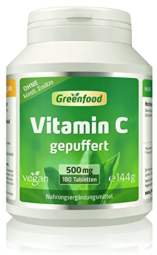 Vitamin C, gepuffert, 500mg - 180 Tabletten, vegan. Magenfreundliches Vitamin C - säurefrei, pH-neutral, mit Calcium. Hohe Bioverfügbarkeit. OHNE künstliche Zusätze - laborgeprüft. Von Greenfood.