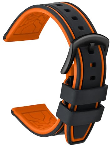 ULLCHRO Unisex Kautschuk Armband mit Gebürstete Edelstahl Silber Schnalle 24mm Schwarz Orange
