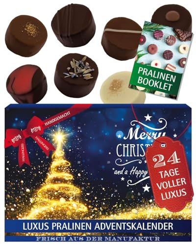 Hallingers Genuss Manufaktur Pralinen Adventskalender - mit & ohne Alkohol, handmade aus Confiserie-Edelkakao in wertigem Softfeel-Karton Glitzertanne, Weihnachtskalender für Frauen Männer