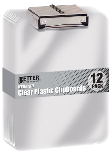 Better Office Products Lot de 12 planchettes à pince en plastique transparent, durable, 31,8 x 22,9 cm, clip à profil bas, translucide transparent
