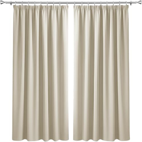Imperial Rooms Blackout Curtains for Bedroom - Pencil Pleat Cream Curtains & Drapes Room Darkening Soft Living Room Thermal Curtain 66 x 54 Drop Inch, 2 Panels with Tiebacks (168cm x 137cm)