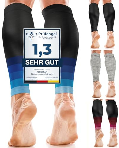 aZengear Manchons de Compression pour Les Mollets, Hommes et Femmes | Attelles de Tibia de Maintien du Mollet, Chaussettes et Bas de Contention pour la Course, Crampes (Noir avec Bleu, XXL)