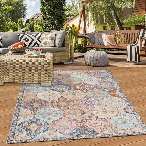 Teppich-Traum In- & Outdoor Orientteppich Ornamente Bunt 240x340 cm | Pflegeleicht, schmutzabweisend, farbecht und strapazierfähig, seitlich gekettelt, für Balkon, Terrasse, Garten und Pavillon