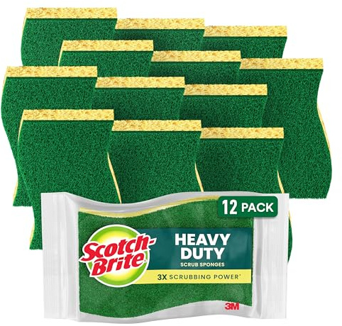 Scotch-Brite Heavy Duty Scrub Sponge, 12 Kitchen Sponges, Designed for Tough Messes in the Kitchen, Lasts 3X Longer*, Best for Cast Iron Skillets, Outdoor Grills, Flexible, Durable & Strong