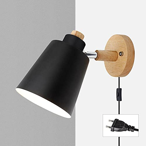 Wandstrahler Mit Kabel Für Steckdose Wandlampe E27 Holz Wandleuchte Mit Schalter LED Deko Wandbeleuchtung Für Schlafzimmer Treppenhaus Hotel Loft -Schwarz