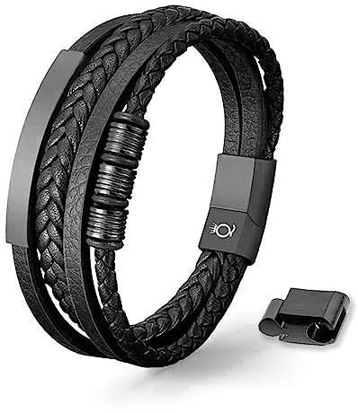UNIQAL Lederarmband Herren „BLACK SHAPE“ | Geflochtenes Echtleder & Edelstahl | Magnetverschluss | Männerarmband Geschenkidee | Etui Box | Geburtstag, Weihnachten, Vatertag (Schwarz, 21.00)