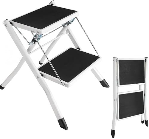 Folding Step Stool 2 Step Ladder Compact Anti Slip Mat Tread Easy to Store Foldable Design for Home/Kitchen/Garage/Caravan, 150KG Load Capacity