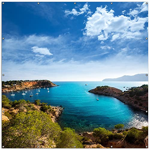 Wallario XXL Outdoor-Poster für Garten oder Balkon Ibiza - Blick von Einer Bucht aufs Meer, Motivbanner Größe: ca. 200 x 200 cm, Outdoor-Bild