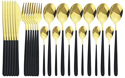 24 stücke spiegel lila goldbesteck set top 18/10 edelstahl geschirr set dinner messer gabel teelöffel schreider essgeschirr (Color : Black Gold)