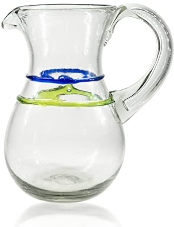 kailash Wasserkrug Karaffe - mundgeblasener mexikanischer Glaskrug bauchig mit Henkel - 100% Recycling Glas - 1 Liter - Fair Trade (Farbbänder)