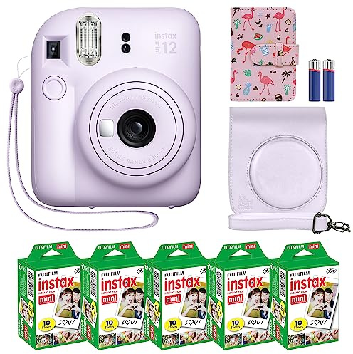 Fujifilm Instax Mini 12 Instant Camera + MiniMate Accessory Bundle & Compatible Custom Case + Fuji Instax Film Value Pack (50 Sheets) Flamingo Designer Photo Album (Lilac Purple)
