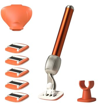 Fler The Razor Shave Set - Maquinilla de Afeitar para Mujer con Cabezales Intercambiables, con Soporte, 6 Cuchillas de Repuesto y Funda Protectora, Cuchilla Unisex con Aloe Vera, Vitamina E (Naranja)