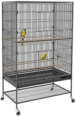 PawHut Vogelkäfig Vogelbauer mit Sitzstangen, Vogelhaus mit Ablage, Bodenwanne, Voliere mit Türen, Rollen, für kleine Vögel, Stahl, Grau, 94 x 57 x 153 cm