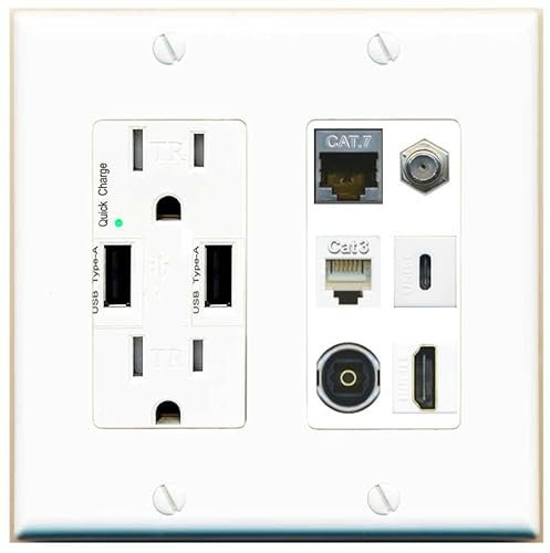 CAT7 Coax HDMI Phone TOSLINK USBC Wall Plate-USB Charger Bianco