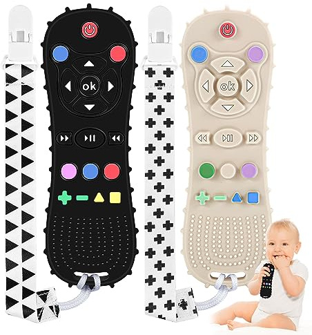 2 Pack Teething Toys for Baby, Silicone Remote Control Teething Toy for 0-6 Months Baby Sensory Chew Toy with Dummy Clip for Babies Toddler Infant Newborn Toys Baby Girl Boy Gifts（Black & White）