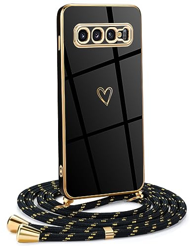 Mkej Frauen Mädchen Handykette Kompatibel mit Samsung Galaxy S10 4G - Silikon Hülle mit Band - Handyhülle für Samsung S10 4G Herz Love Design Galvanik - Hülle mit Kordel in schwarzes Gold