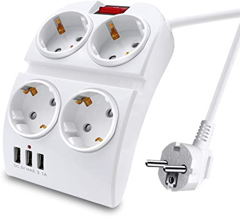 EXTRASTAR Regleta con 4 Enchufes y 3 Puertos USB e Interruptor, Cable de Alimentación de 1,5 Metros, con Enchufe de Eléctricas y Protección para niños Europe, Blanco, 3680W 230V 16A