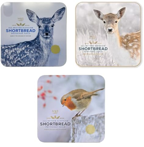 M&S All Butter Scottish Shortbread Petticoat Tails Robin/Fawn/Bunny Tin 360g, 1x Random Tin, Limited Edition, in a Premier Life Store Box