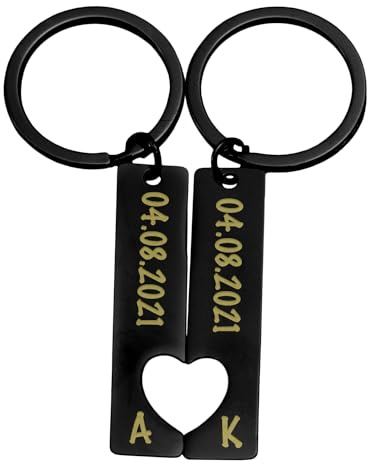 Partner Schlüsselanhänger Personalisiert | 2er Set mit Gravur Datum und Namen | Geschenk zum Jahrestag Valentinstag Geburtstag für ihn und sie | Anhänger mit Herz Männer und Frauen