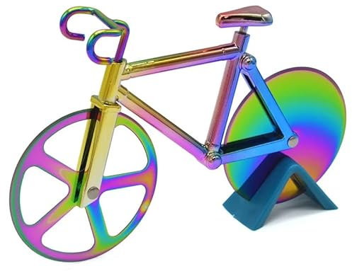 Leeseph Roulette à pizza en forme de vélo en acier inoxydable anti-adhésif avec roues de coupe – Présentoir pour Noël (Coloré)
