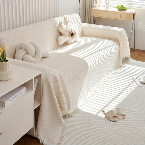 VanderHOME Copridivano Super Soffice, Plaid divano Decorativa a Motivi Moderni in cotone Waffle con Frangia per Divano/Letto/Esterno, Copriletto Multiuso Divano 180 * 340cm-Bianco crema