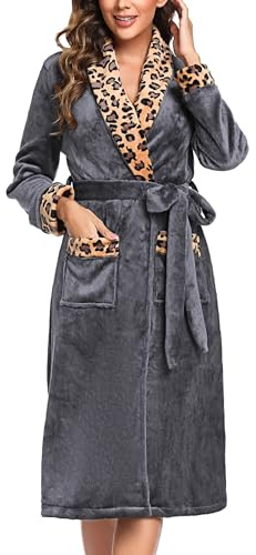 Marvmys Badrock, dam, långärmad, fleece, morgonrock med leopardmönster, sjalkrage, kvinnor, flanell, basturock, fluffig, kimono, rock med fickor och knytbälte, mörkgrå + gult leopardmönster, M
