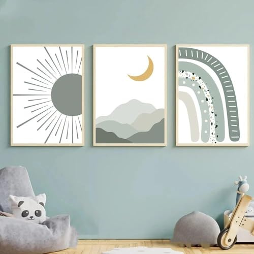 3er Set Poster Kinderzimmer, Grün Regenbogen Sonne Bilder, Wandbilder | Bilder Boho Babyzimmer Deko Wandposter für Kinder Junge Mädchen, Ohne Rahmen,21*30cm