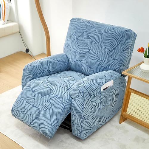 Chickwin Sesselschoner für Relaxsessel, 1 Sitz Fernsehsessel Bezug mit Taschen Sesselschoner für Fernsehsessel Jacquard, Stretch Sesselschoner mit Armlehne (Blau)