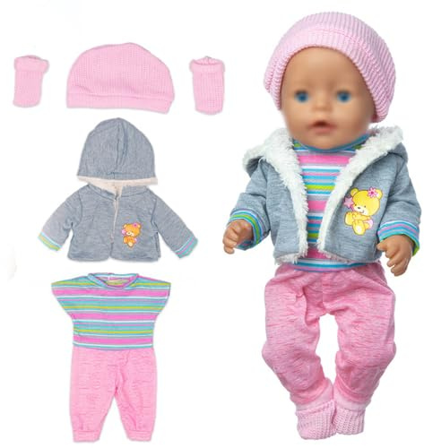 LYPPUL Puppenkleidung, 36-43cm Kleidung Outfits für Baby Puppen, Born Baby Kleidung Puppen Zubehör mit Strampler Mantel Hut Socken, Süße Puppenkleidung Set Geschenk für Kinder
