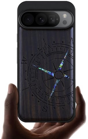 Carveit Holz Handyhulle für Google Pixel 9 Pro XL hülle [Holzgravur & Muschel Inlay] Stoßstange Cover Kompatibel mit Pixel 9 Pro XL Case Massivholz Hull（Dunklesholz-Kompass）