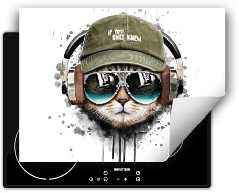 TMK ArtDeko Herdabdeckplatte 80x52 cm Einteilig Herdabdeckung Abdeckplatte für Ceranfeld Abdeckung Induktionskochfeld Aufrollbare Matte - Weiße Katze